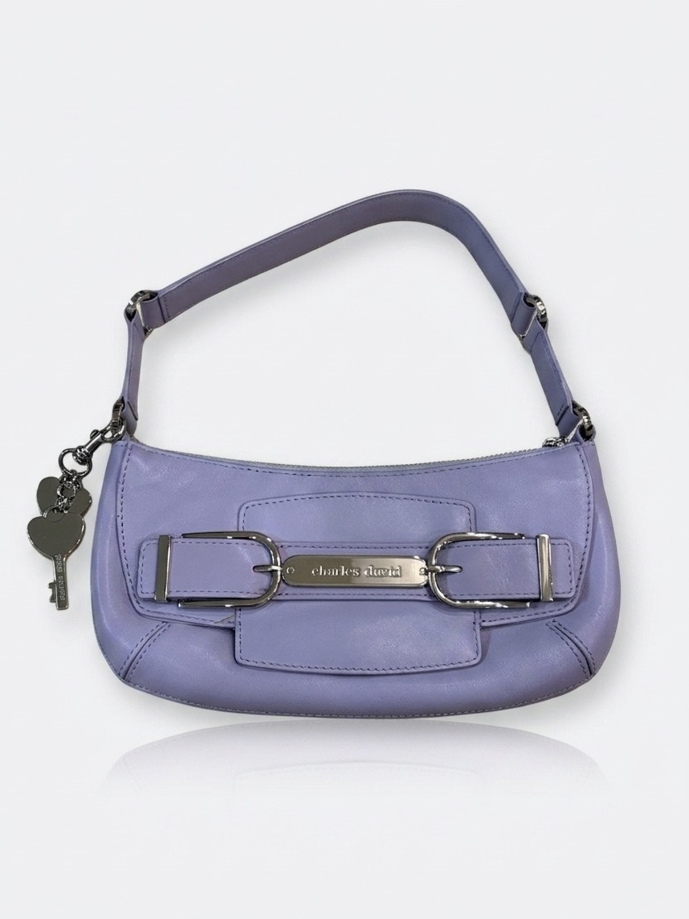 Vintage Y2K Charles David Lilac Purple Leather Baguette Shoulder Bag Heart Charm